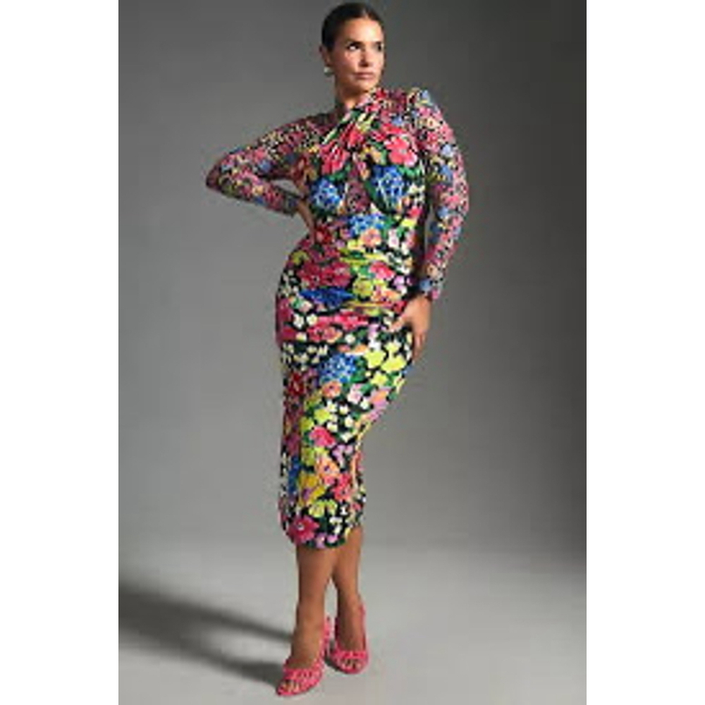 NWT women’s ANTHROPOLOGIE floral colorful Mesh Halter Mock-Neck midi Dress sz XL - Picture 2 of 11